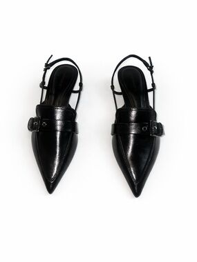 Stradivarius Black Patent Slingback Buckle Pointed Toe Kitten Heels 39 9